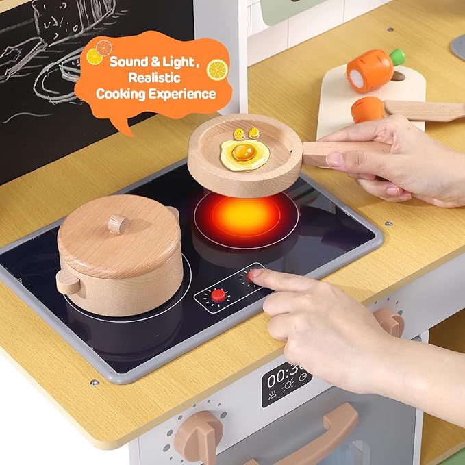 Wooden Play Kitchen, Farm to Kitchen Set, Kids Kitchen Toys with Cookware Accessories, Kitchen Play for Boys and Girls