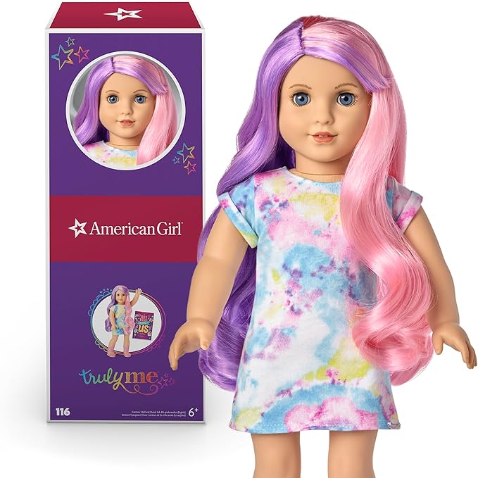 American Girl Truly Me 18-inch Doll #116 with Blue Eyes, Purple-and-Pink Hair, Light Skin, Tie Dye T-shirt Dress, For Ages 6+
