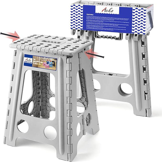 ACKO Folding Step Stool Foldable 17.5 Inch Stool 400 lbs Capacity,Plastic Stools for Adults and Kids,Collapsible Stool for Kitchen, Stepping Stool with Handle(Grey)