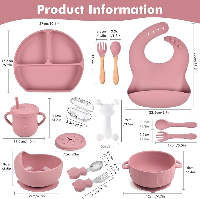 Silicone Baby Feeding Set 15 Pcs，Baby Spoons Suction Bowl Divided Plate Bib Cup Finger Brush Teething Teether，Baby Led Weaning Supplies,Baby & Toddler Silicone Plates and Bowls Dining Set（pink）