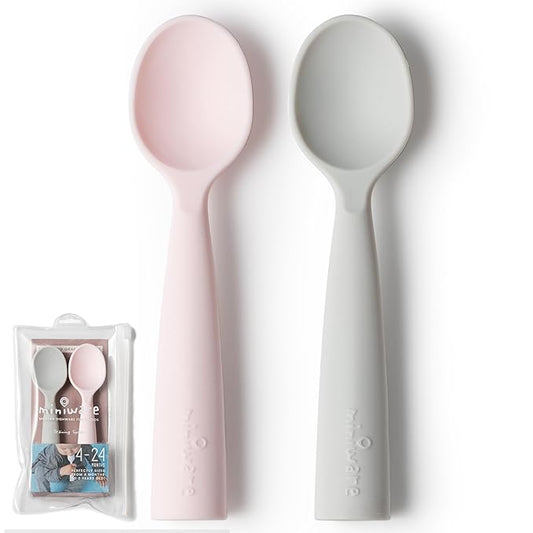 Miniware Silicone Baby Spoon for Training - BPA Free Baby Utensils - Baby Spoons Self Feeding 6 Months | 100% Food Grade Silicone - Modern & Dishwasher Safe Toddler Spoons (Grey and Cotton Candy)