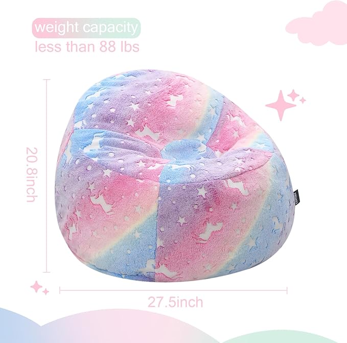 COMAX Bean Bag Chairs for Kids 8-12, Toddler BeanBag Sofa with Filler Unicorn Bean Couch Stuffed for Boys and Girls, Lazy Floor Chair for Playroom, Nursery Room, Colorful Rainbow