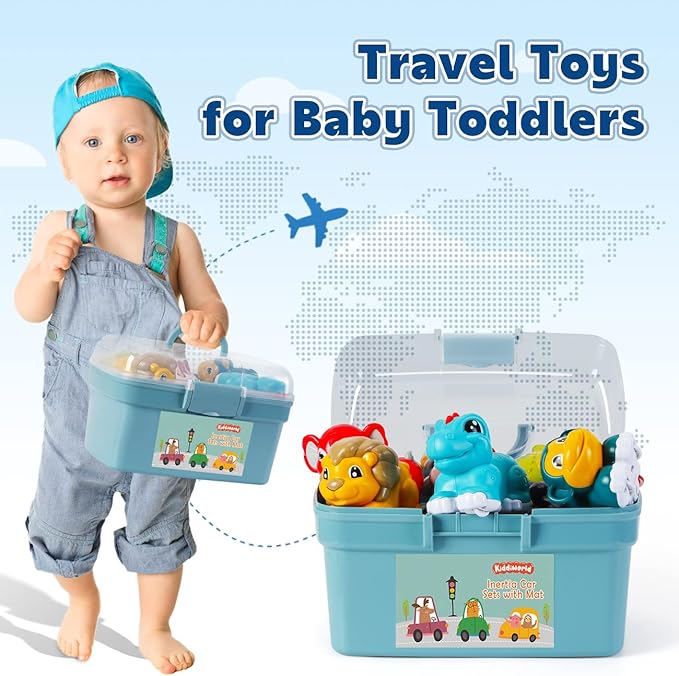 Animal Car Toys for 1 Year Old Boy Gifts: Mini Trucks with Playmat/Storage Box for Toddler Age 1-2, 1st One First Christmas Birthday Gift for Infant Baby 12-18 Months