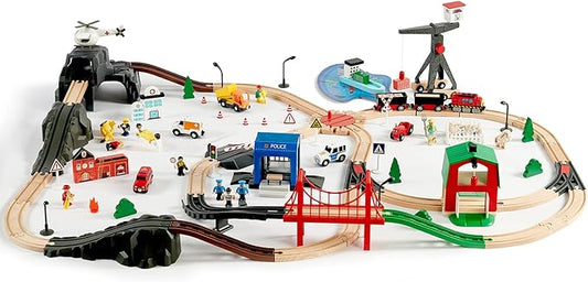 153pcs Wooden Train Set, Toy Train for Boys & Girls, 6 Themed Scenarios Wooden Train Track for Toddlers & Kids, Ideal Easter Birthday Gift Toy for Kids, Compatible with Major Brands