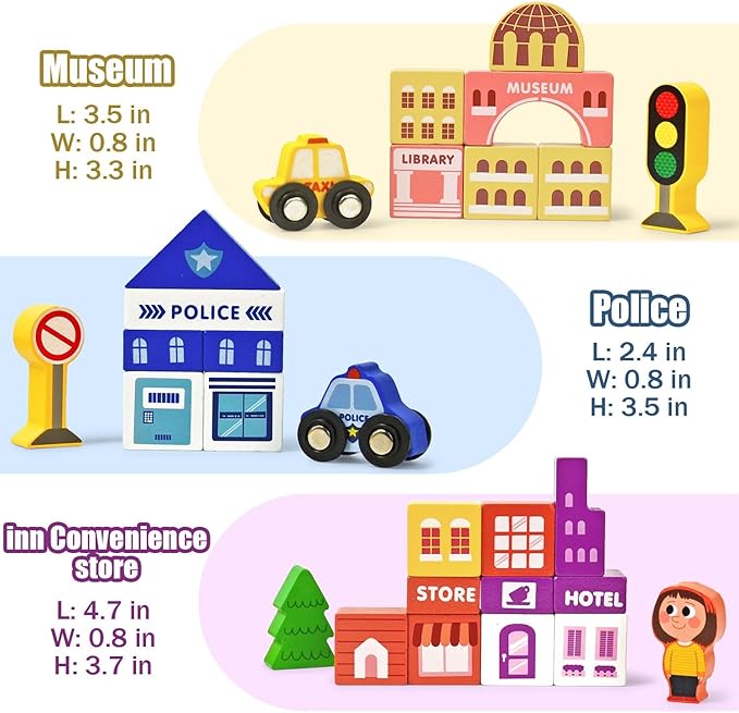 Vileafy Toys Building Blocks Set for Boys and Girls Gift, 56 Pcs Wooden City Stacking Block, Educational Toys for 3 4 5 6 Years Old Kids