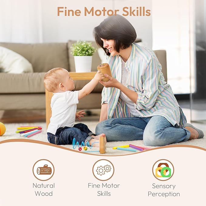 Wooden Montessori Sticks Toys for Kids, 11 Colors Toddler Learning Toys for 1-3 Year Old, Natural Wood Educational Sorting Toy, Sensory Toys Travel Game for Boys Girls Aged 1+