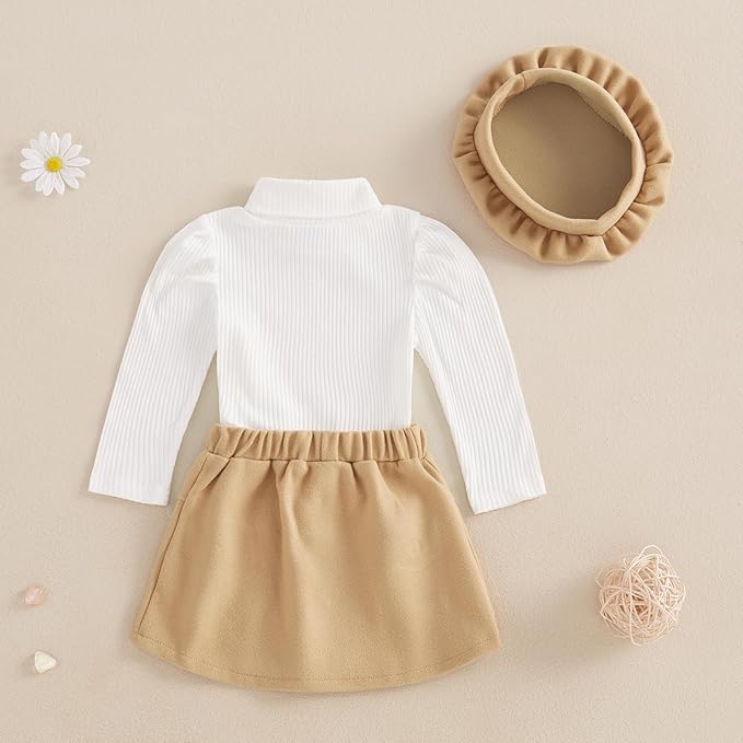 Fernvia Toddler Baby Girl Fall Winter Skirt Set Turtleneck Ribbed Long Sleeve T-Shirt Top & Plaid Skirts Dress 2Pcs Outfits