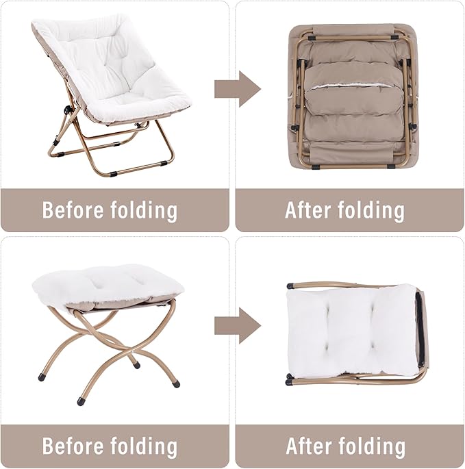 Comfy Saucer Chair with Ottoman, Oversized Folding Faux Fur Chair Soft Furry Lounge Lazy Chair with Metal Frame Moon Chair Accent Chair for Bedroom, Living Room, Dorm Rooms
