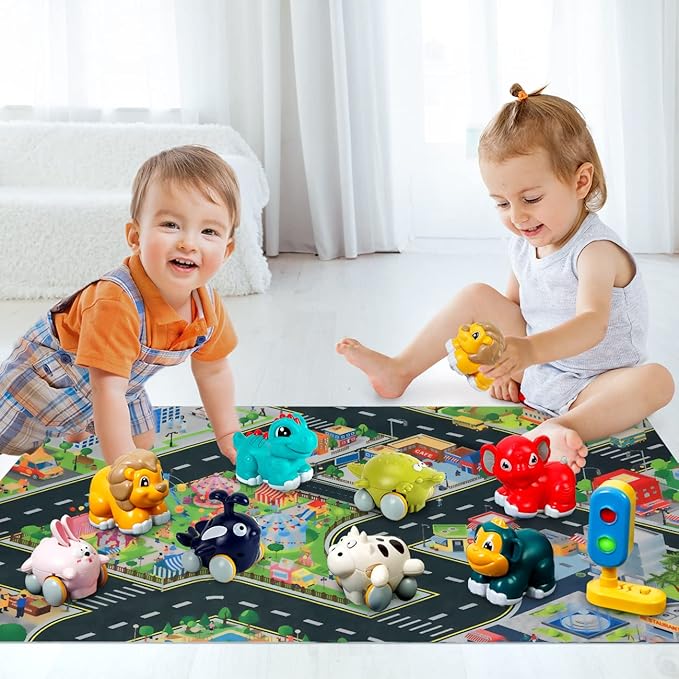 Animal Car Toys for 1 Year Old Boy Gifts: Mini Trucks with Playmat/Storage Box for Toddler Age 1-2, 1st One First Christmas Birthday Gift for Infant Baby 12-18 Months