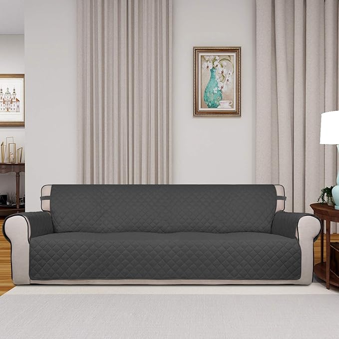 PureFit Reversible Quilted Sofa Cover, Water Resistant Slipcover Furniture Protector, Washable Couch Cover with Non Slip and Elastic Straps for Kids, Dogs, Pets (XX Large, Dark Gray/Beige)