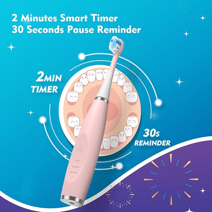 Kids Electric Toothbrushes Sonic Rechargeable Tooth Brush Gifts for Boys and Girls Smart Timer Power Toothbrush - Blue 3 4 5 6 7 8 9 10 11 12 (Pink)