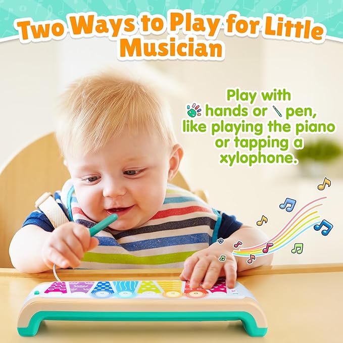 PLAY Touch Xylophone Piano Musical Toys for Toddlers 1-3 with Pen and Lights, Music Instruments Learning Toys for Babies Boys Girls Gifts, Built-in Songs Teaching & Batteries, Imitation Wood Grain