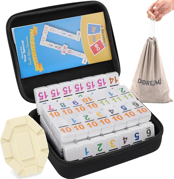 Mexican Train Dominoes Set Double 15,Double Fifteen Dominoes with 136 Colored Tiles,Number Dominos for Adults Family Board Games with Lightweight EVA Case Portable for Travel Camping