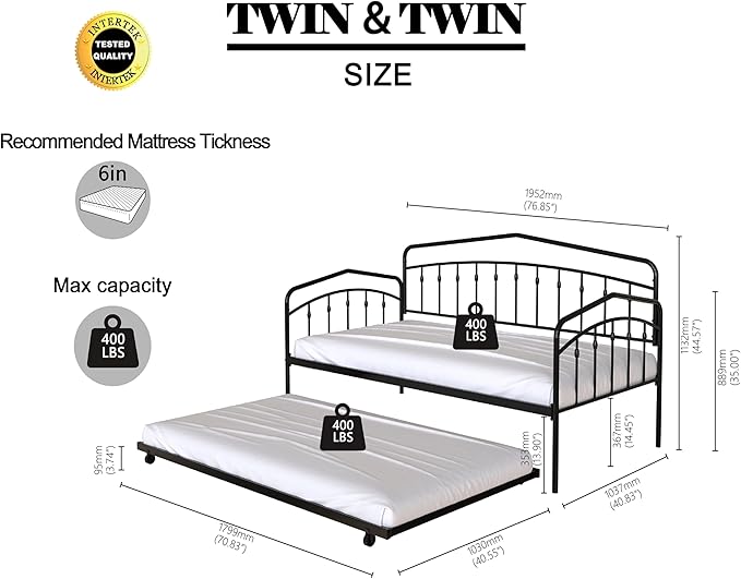 Christopher Knight Home Fox Twin Daybed with Trundle, Metal Sofa Bed Set, Rollaway Daybed Couch Bed Frame for Bedroom Living Room Guest Room, Elegant and Simple Style, Anti-Noise, Easy Assembly, White