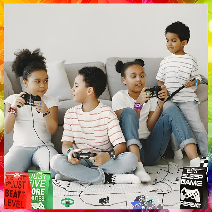 24 sets of Video Game Party Favors, 220 Pcs Gamer party Favors - Gaming Birthday Goodie Bags Included Gift Bags, Game Keychain, Slap Bracelet, Stickers, Game Ring, Hand Strap for Gaming Kids