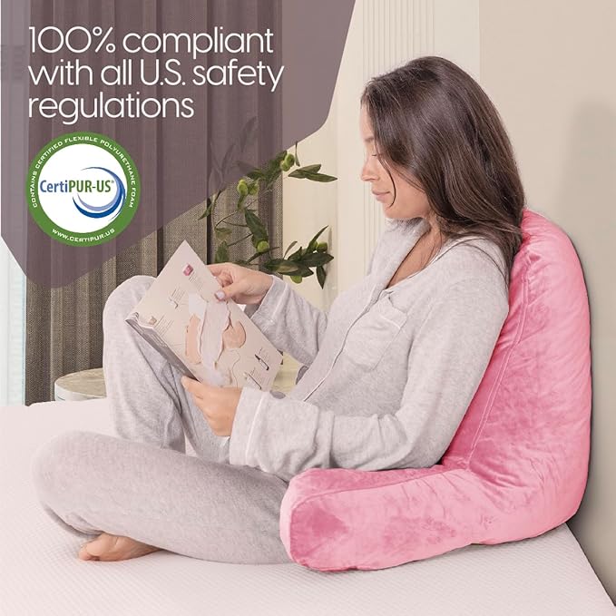 Milliard Reading Pillow with Shredded Memory Foam, Large Adult Backrest with Arms, Back Support for Sitting Up in Bed with Washable Cover (Sit up Pillow) Pink