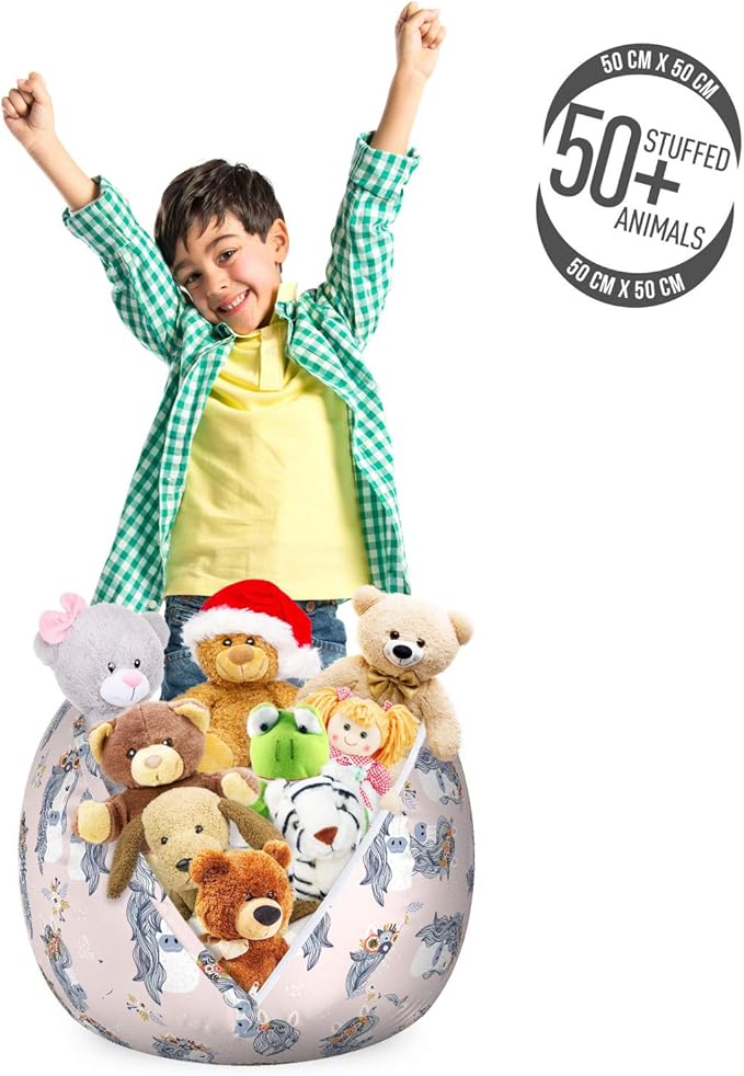 Ambesonne Pastel Storage Toy Bag Chair, Horses and Flower Bouquets on The Head Tattoo Style Floral Wreath Pattern, Stuffed Animal Organizer Washable Bag, Small Size, Rose Blue