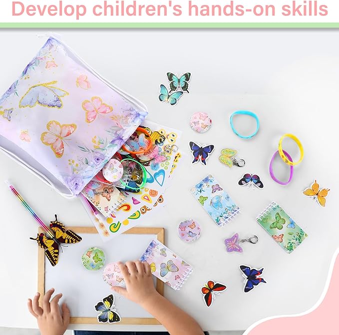 140 Pcs Butterfly Party Favors Spring Butterfly Birthday Party Supplies Include Mini Notebook Pen Keychain Bracelet Drawstring Bag Sticker Fairy Party Favor for Birthday Party Supply