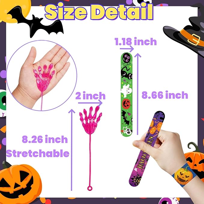 48 Pcs Halloween Treats Non Candy for Kids Sticky Hands and Slap Bracelets Halloween Party Favors Toys Goodie Bag Stuffers (Halloween-48 Pack)