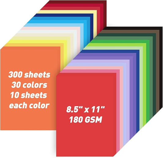 8.5" X 11" Colored Cardstock Bulk 300 Sheets 30 Assorted Colors Construction Paper Card Stock Printer Paper for DIY Crafts, Cricut Card Making, Party Decor, Kids School Supplies, 180 GSM
