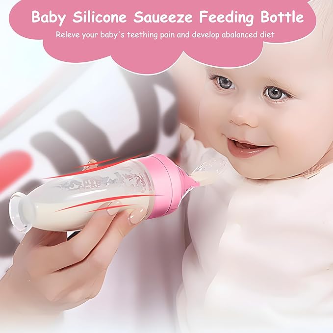 WAJIAYON Baby Food Feeder 4 Pack Silicone Baby Food Dispensing Spoon-3 oz Squeeze Feeding Spoons with Suction Cup for Boys Girl Kids Toddlers - Self Feeding Bottle Spoon-Peach Pink