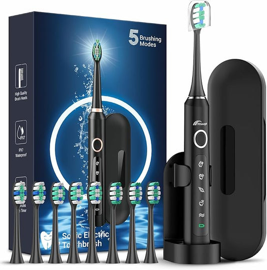 Rtauys M5 Sonic Electric Toothbrush for Adults and Kids - Rechargeable Electric Toothbrush with Electric Toothbrush Cover, 8 Brush Heads & Travel Case, 120 Days Battery Life - BlackSilver