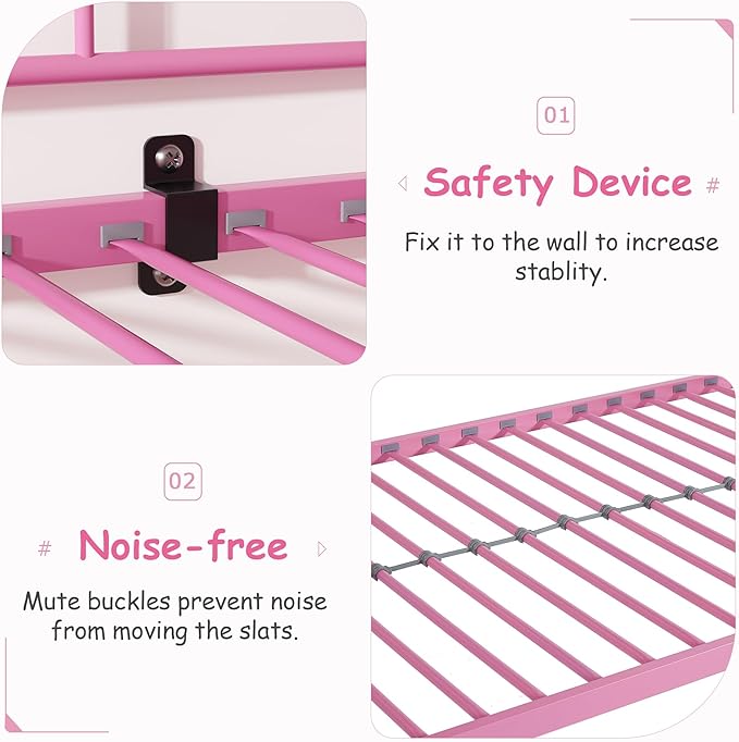 VECELO Twin Over Twin Bunk Bed with Built-in Ladder and Safety Guardrail, Heavy Duty Metal Bunkbeds, Space Saving, No Box Spring, Pink