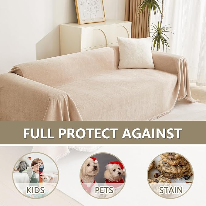 MYSKY HOME Sofa Covers for Futon Couch Cushion Cover with Tassel Edge Khaki Couch Covers Thick Soft for Cats Vintage Sofa Seat Covers Couch Cover for Dogs Universal Furniture Protector, 71"x 102"