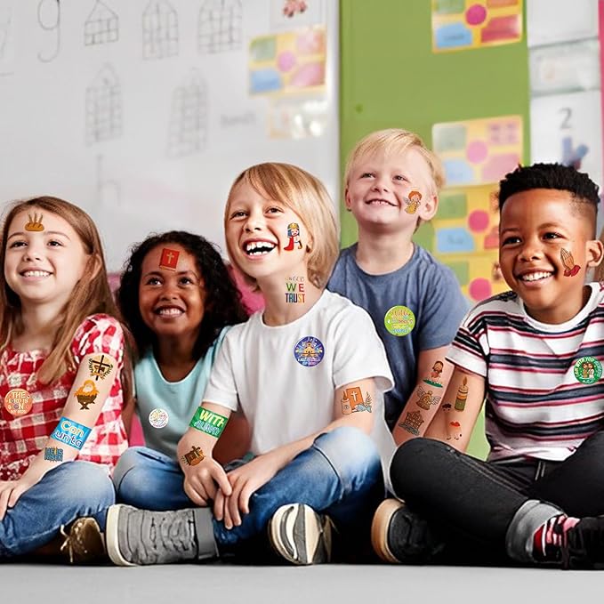 98PCS Christian Gifts Bible Religious Party Favors, Jesus Love You Religious Bracelets, Mini Religious Notebooks, Bible Stickers, Christian Button Pins and Verses Temporary Tattoos for Kids Adults