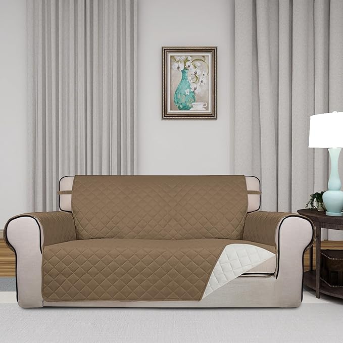 PureFit Reversible Quilted Sofa Cover, Water Resistant Slipcover Furniture Protector, Washable Couch Cover with Non Slip and Elastic Straps for Kids, Dogs, Pets (Oversized Loveseat, Camel/Ivory)