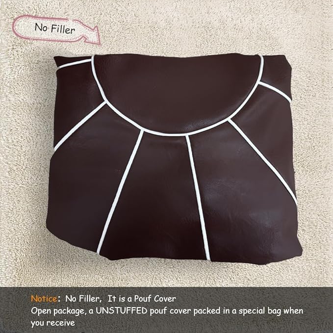 Louis Donné Unstuffed Pouf Ottoman Cover, Handmade Moroccan Foot Stool for Foot Rest, Round Faux Leather Small Bean Bag with Storage Solution, Floor Pouffe Footstool for Living Room, Bedroom Balcony