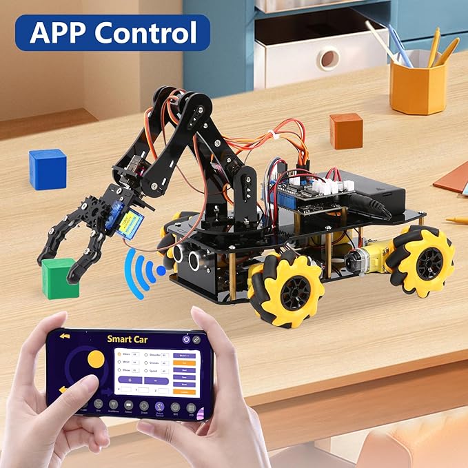 Smart Robot Arm Car Kit, 4WD Remote Control Car Compatible with Arduino IDE, Electronic Programming Project/STEM Education/Science Coding Kit for 16+ Teens and Adults Unique Gifts