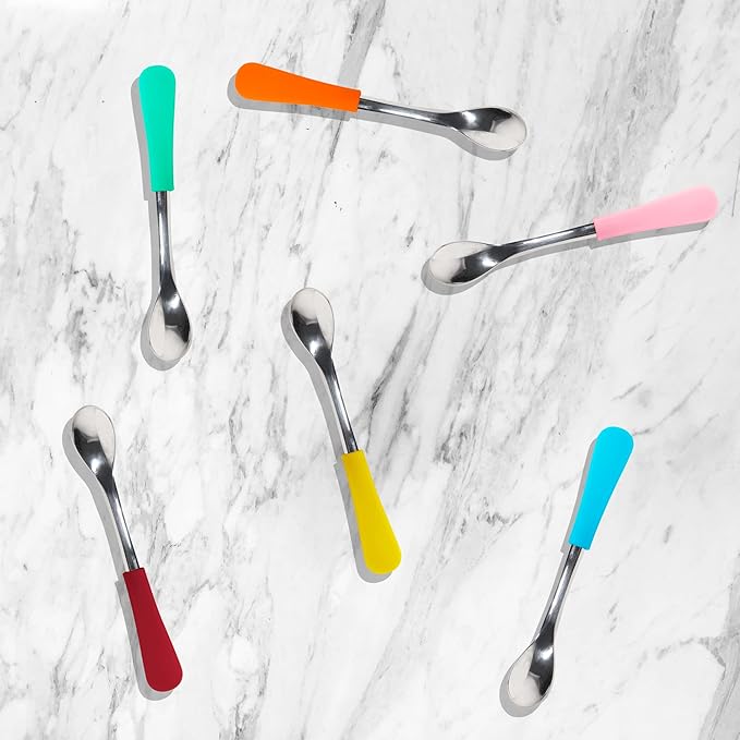 Avanchy Infant Baby Spoons Stainless Steel and Silicone Set, Self Feeding Food Utensils, 4 Months Baby Led Weaning, 2 Pack, Green