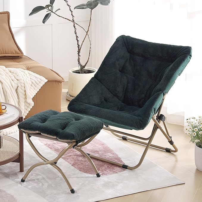 Comfy Saucer Chair with Ottoman, Oversized Folding Faux Fur Chair Soft Furry Lounge Lazy Chair with Metal Frame Moon Chair Accent Chair for Bedroom, Living Room, Dorm Rooms