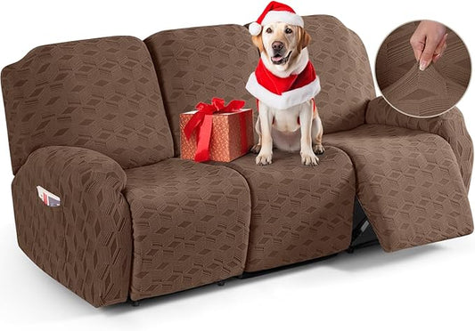 TAOCOCO Recliner Sofa Covers Stretch Reclining Couch Cover, Jacquard Recliner Couch Cover for 3 Seat Furniture Protector Sofa Slipcovers with Elastic Bottom for Kids, Pets(Brown)