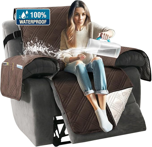 H.VERSAILTEX 100% Waterproof Reclining Couch Covers 1-Piece Reversible Recliner Chair Covers Furniture Protector with Elastic Straps for Pets Kids Sitting Width Up to 23" (Recliner, Brown/Beige)