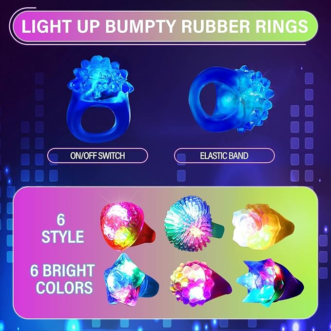 60pcs LED Light Up Toys Party Favours Glow in the Dark Party Supplies for Kid/Adults Halloween with 40 Finger Lights, 6 Jelly Rings,4 Flashing Glasses, 4 Glow