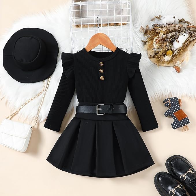 Fernvia Toddler Baby Girl Fall Winter Skirt Set Turtleneck Ribbed Long Sleeve T-Shirt Top & Plaid Skirts Dress 2Pcs Outfits