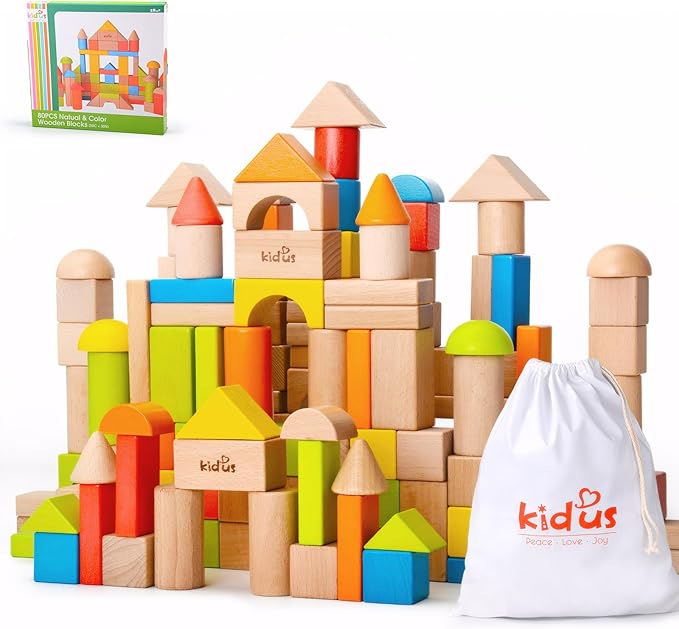 80pcs Wooden Building Blocks Set for Toddlers - Natural & Colorful Stacking Blocks with Carrying Bag - Educational Preschool Montessori Learning Toys - Perfect for Kids Ages 18 Months up