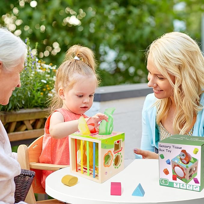 Ancaixin 6-in-1 Montessori Tissue Box Toy for 6+ Months Baby, Educational 1 Year Old Girl Boy Toys, Wooden Activity Cube, Puzzles 12-18 Months, Sensory Toys for Toddlers 1-3, Baby 1st Birthday Gift