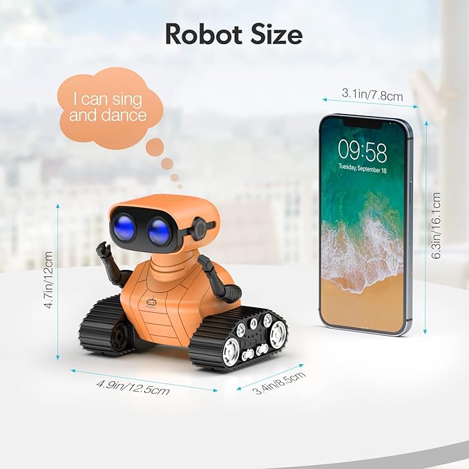 ALLCELE Robot Toys, Rechargeable RC Robots for Kids Boys, Remote Control Toy with Music and LED Eyes, Gift for Children Age 3 Years and Up - Orange