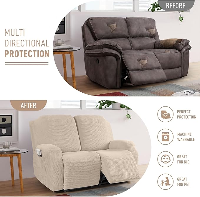KinCam Recliner Covers, Stretch Reclining Chair Covers, Recliner Sofa Slipcovers Stripe Jacquard Recliner Couch Covers Furniture Protector Covers for Pet Kid (2 Seater, Vanilla)