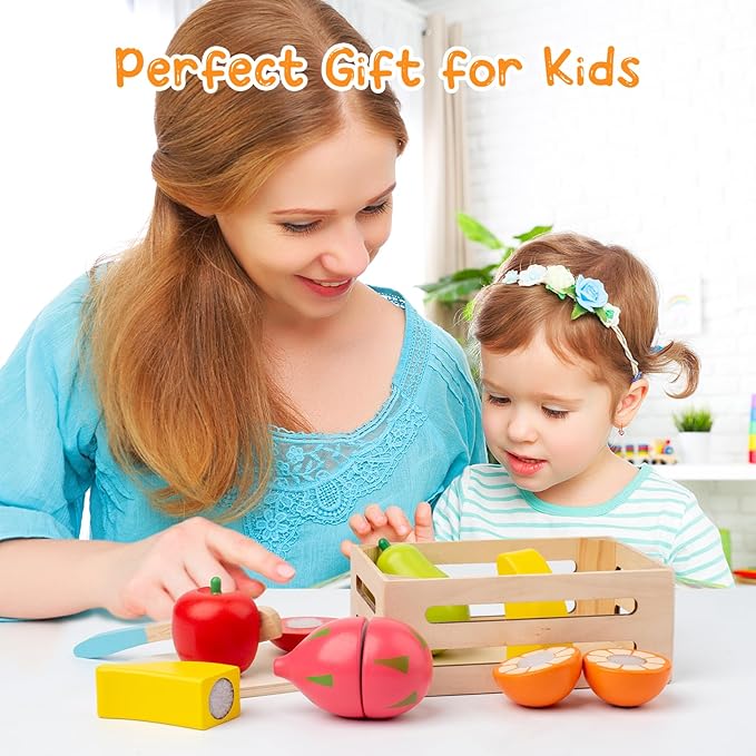 Wooden Play Food Sets for Kids Kitchen, Pretend Play for Toddlers, Montessori Wooden Food Toys, Velcro Cutting Fruit Toys, Play Food for Kids Ages 4-8, Boys Girls Birthday Gifts