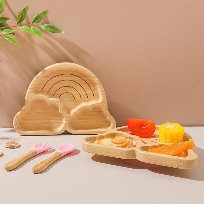 Bamboo Suction Plate for Baby Kid Toddler Plate Spoon Fork Set with Removable Silicone Suction All-Natural Baby Feeding Set for Baby-Led Weaning Fits Feeding High Chair Table