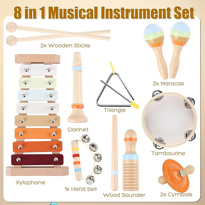 Musical Instruments for Toddlers - Eco-Friendly Wooden Percussion Set with Xylophone, Tambourine, and Maracas in Neutral Colors - Montessori Toys for Perfect Educational Gift for Kids