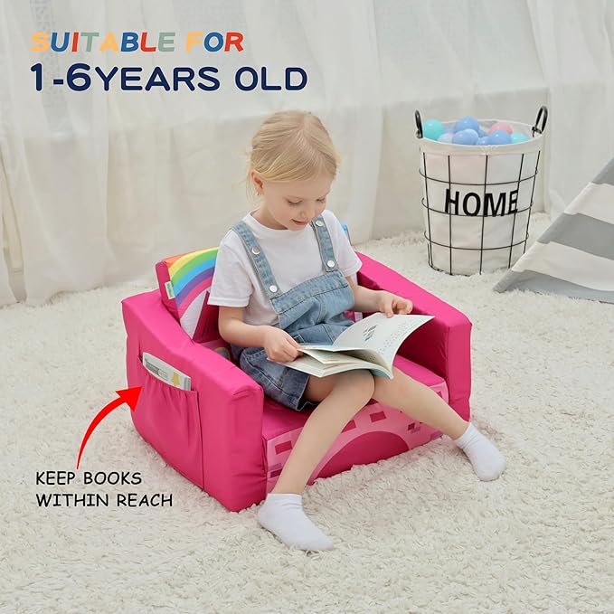 MallBest Kids Sofas Children's Sofa Bed Baby's Upholstered Couch Sleepover Chair Flipout Open Recliner(Rose red/Castle)