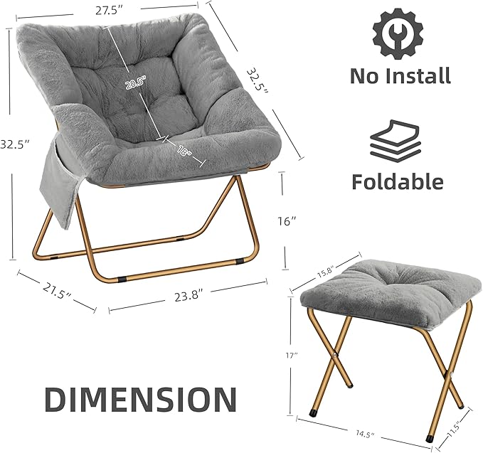 Comfy Saucer Chair, Foldable Living Room Chairs, Soft Faux Fur Lounge Chair for Bedroom, Reading Chairs for Adults, Kids, X-Large (Grey)