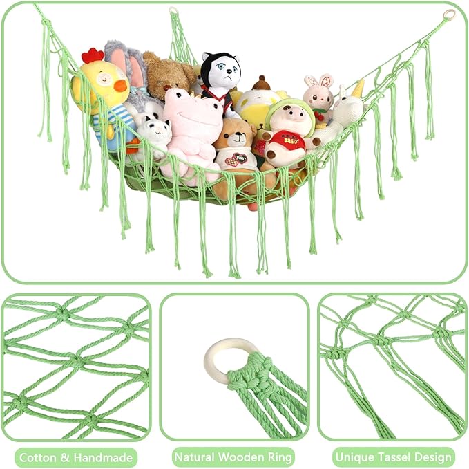 Boho Stuffed Animals Net or Hammock Large,55 inch Toy Hammock Macrame Stuff Animal Storage Corner Hanging Net Holder,Mesh Hammock Plush Toy Organizer with Hooks for Bedroom,Nursery (Light Green)