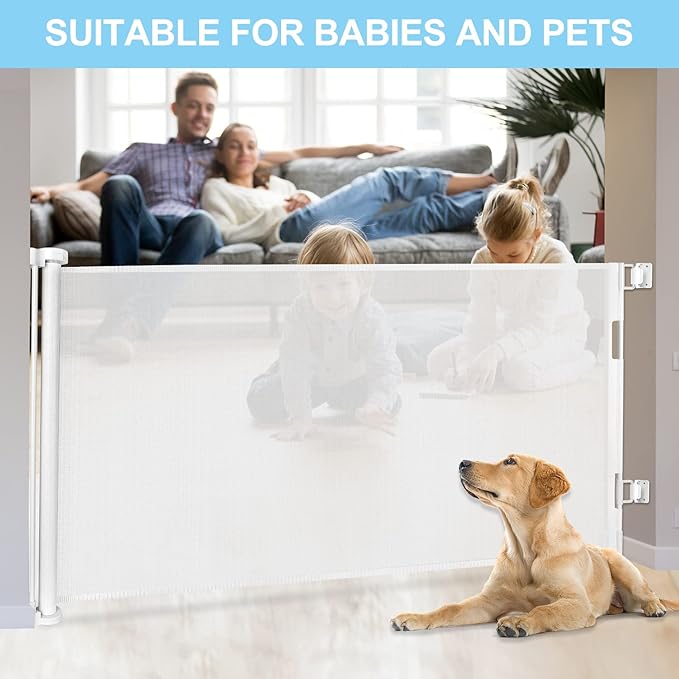 80 Inch Extra Wide Retractable Baby Gates Extra Wide Baby Gates for Large Openings Outdoor Mesh Dog Gates for The House Extra Large Baby Gates for Dogs Indoor Pet Gate for Stair Toddler Gate (White)