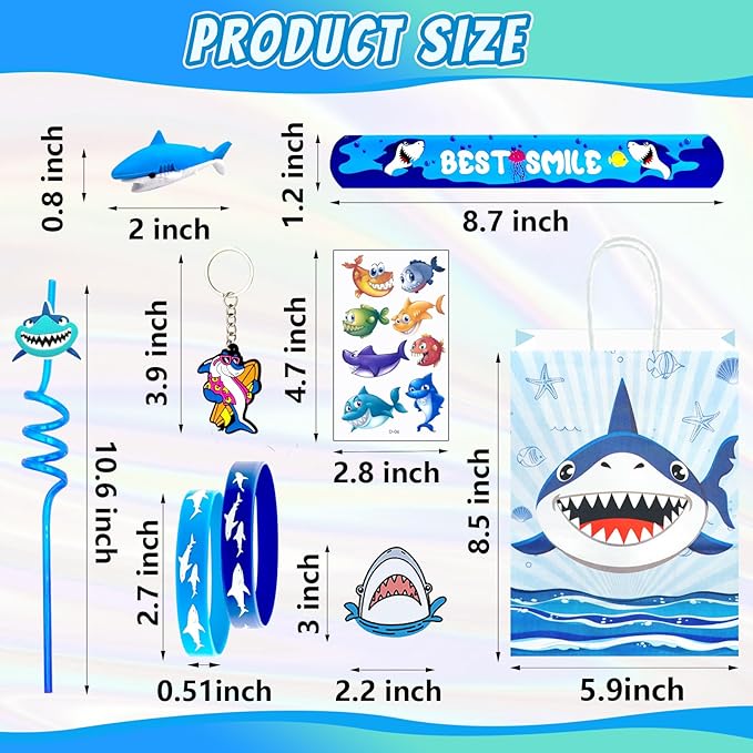 134 Pcs Shark Party Favors with Shark Straws Shark Bracelets Wristbands Tattoo Stickers Erasers Keychains Goodie Bags Under the Sea Party Favors Shark Birthday Party Decorations